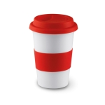 Travel ceramic mug with silicone band and lid, 400 ml red colour