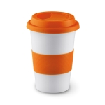 Travel ceramic mug with silicone band and lid, 400 ml orange colour