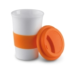 Travel ceramic mug with silicone band and lid, 400 ml orange colour second view