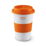 Travel ceramic mug with silicone band and lid, 400 ml orange colour second main view