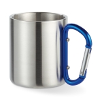 Double-walled stainless steel mug with carabiner handle, 220 ml blue colour