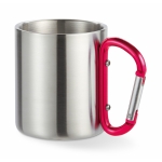 Double-walled stainless steel mug with carabiner handle, 220 ml red colour