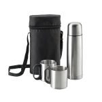 Set with thermos flask and 2 drinking cups in bag silver colour