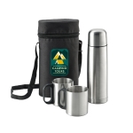 Set with thermos flask and 2 drinking cups in bag silver colour image with logo