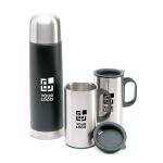 Set: stainless steel thermos flask black colour view with print area