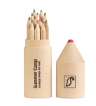 Set of 12 coloured pencils in a round pencil shaped wooden box wood colour