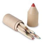 Set of 12 coloured pencils in a round pencil shaped wooden box wood colour third view