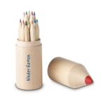 Set of 12 coloured pencils in a round pencil shaped wooden box wood colour third main view