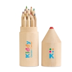 Set of 12 coloured pencils in a round pencil shaped wooden box wood colour third main view