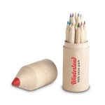 Set of 12 coloured pencils in a round pencil shaped wooden box wood colour main view