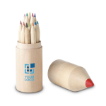 Set of 12 coloured pencils in a round pencil shaped wooden box wood colour view with print area