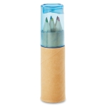 6 coloured pencils in a box and sharpener in the lid transparent blue colour