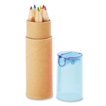 6 coloured pencils in a box and sharpener in the lid transparent blue colour second view