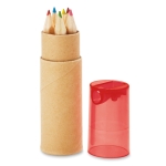 6 coloured pencils in a box and sharpener in the lid transparent red colour