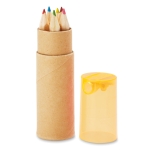 6 coloured pencils in a box and sharpener in the lid transparent orange colour second view