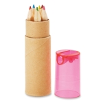 6 coloured pencils in a box and sharpener in the lid transparent pink colour second view