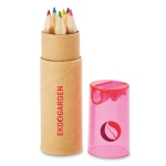 6 coloured pencils in a box and sharpener in the lid transparent pink colour second main view