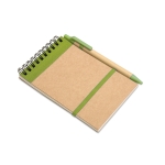 Recycled notebook, blank paper, pen made from recycled paper lime colour