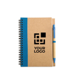 Recycled paper notepad with colour detail and pen, B6 blue colour view with print area