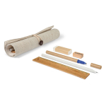 Rollable jute pencil case with pen, ruler, sharpener & eraser beige colour view with print area