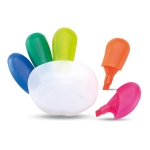 Five different coloured highlighters in a hand shape multicolour colour third view