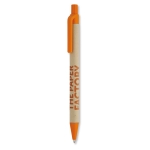 Sustainable ballpoint pen made of recyclable corn, blue ink orange colour third main view