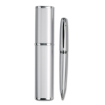 Metal ballpoint pen and case with engraving & elegant finish silver colour