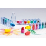 6 coloured wax crayons in a pen-shaped plastic box transparent colour ambient view