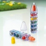 6 coloured wax crayons in a pen-shaped plastic box transparent colour third ambient view