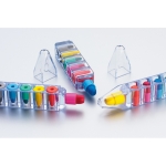 6 coloured wax crayons in a pen-shaped plastic box transparent colour photographic view