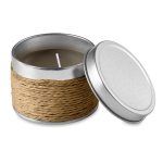 Scented candle in a metal tin for health & wellness promotions brown colour