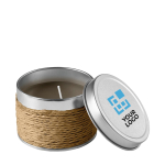 Scented candle in a metal tin for health & wellness promotions brown colour view with print area