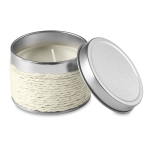 Scented candle in a metal tin for health & wellness promotions white colour