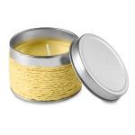 Scented candle in a metal tin for health & wellness promotions yellow colour