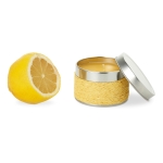 Scented candle in a metal tin for health & wellness promotions yellow colour third view