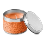 Scented candle in a metal tin for health & wellness promotions orange colour