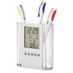 Pencil holder with time, alarm, calendar and temperature display transparent colour