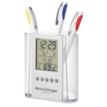 Pencil holder with time, alarm, calendar and temperature display transparent colour main view