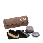 5-piece shoe shine set in a luxurious imitation leather case brown colour view with print area