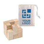 Wooden puzzle for children in a cotton bag for promotions wood colour view with print area