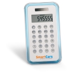 8-digit calculator in blue-transparent aluminium design transparent blue colour main view