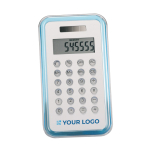 8-digit calculator in blue-transparent aluminium design transparent blue colour view with print area