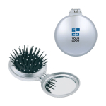 Small round mirror with hairbrush as a practical beauty gift silver colour view with print area