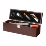 Wine set in a wooden box with four accessories for wine lovers wood colour