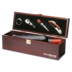 Wine set in a wooden box with four accessories for wine lovers wood colour third main view