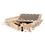 Games collection, mikado, dominoes, chess, checkers, wooden box wood colour