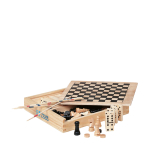 Games collection, mikado, dominoes, chess, checkers, wooden box wood colour view with print area