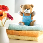 Stuffed animal teddy bear, dungarees for children blue colour main ambient view