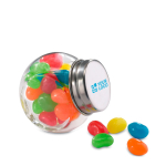 Small sweet jar with colourful jelly beans and lid view with print area