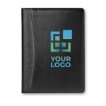 Folder in imitation leather, notepad, solar calculator and pen black colour view with print area